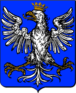 D'azur, à l'aigle d'argent, becquée, languée et couronnée d'or